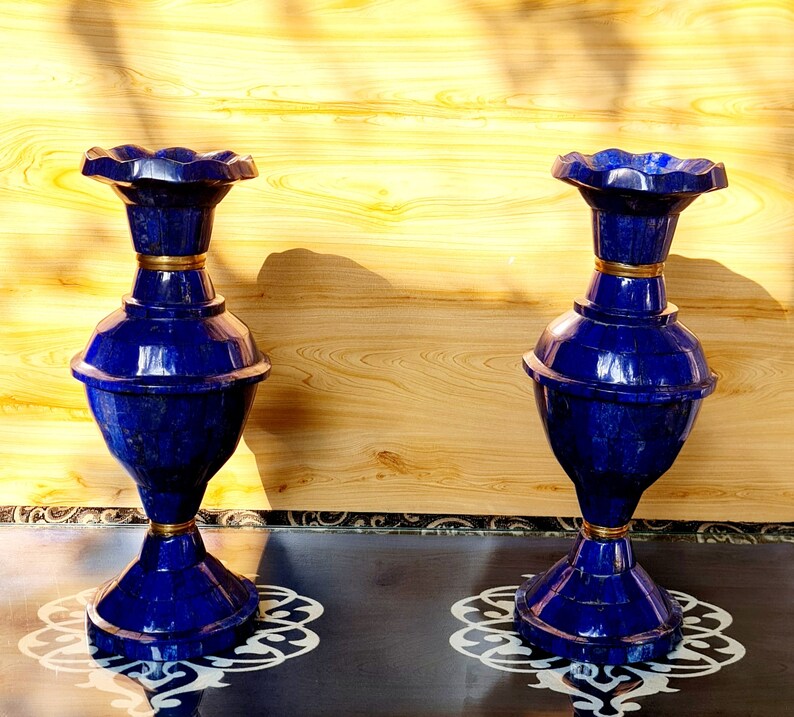 15.7 Inch XXL Handcrafted High-Quality Lapis Lazuli Pair Flower Vases – Afghanistan