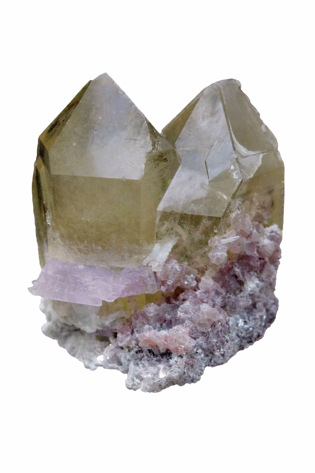 225 g Twin Smoky Quartz Point Crystal with Kunzite, Cleavelandite & Lepidolite