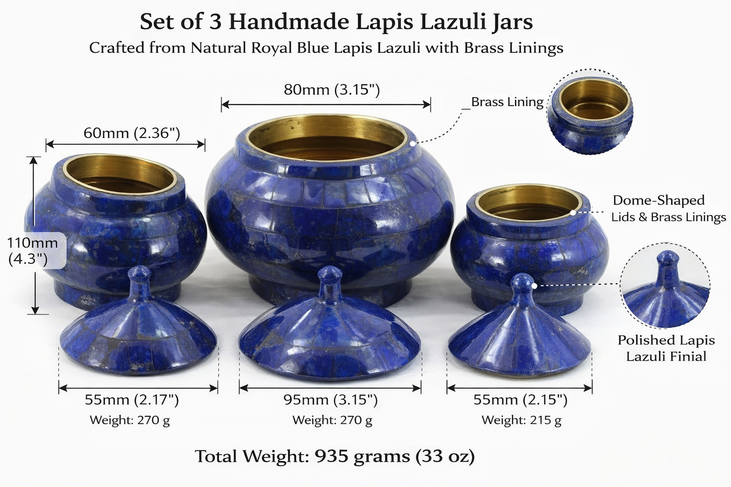 High Quality Lapis Lazuli Jewellery Boxes – 3 Pcs Set