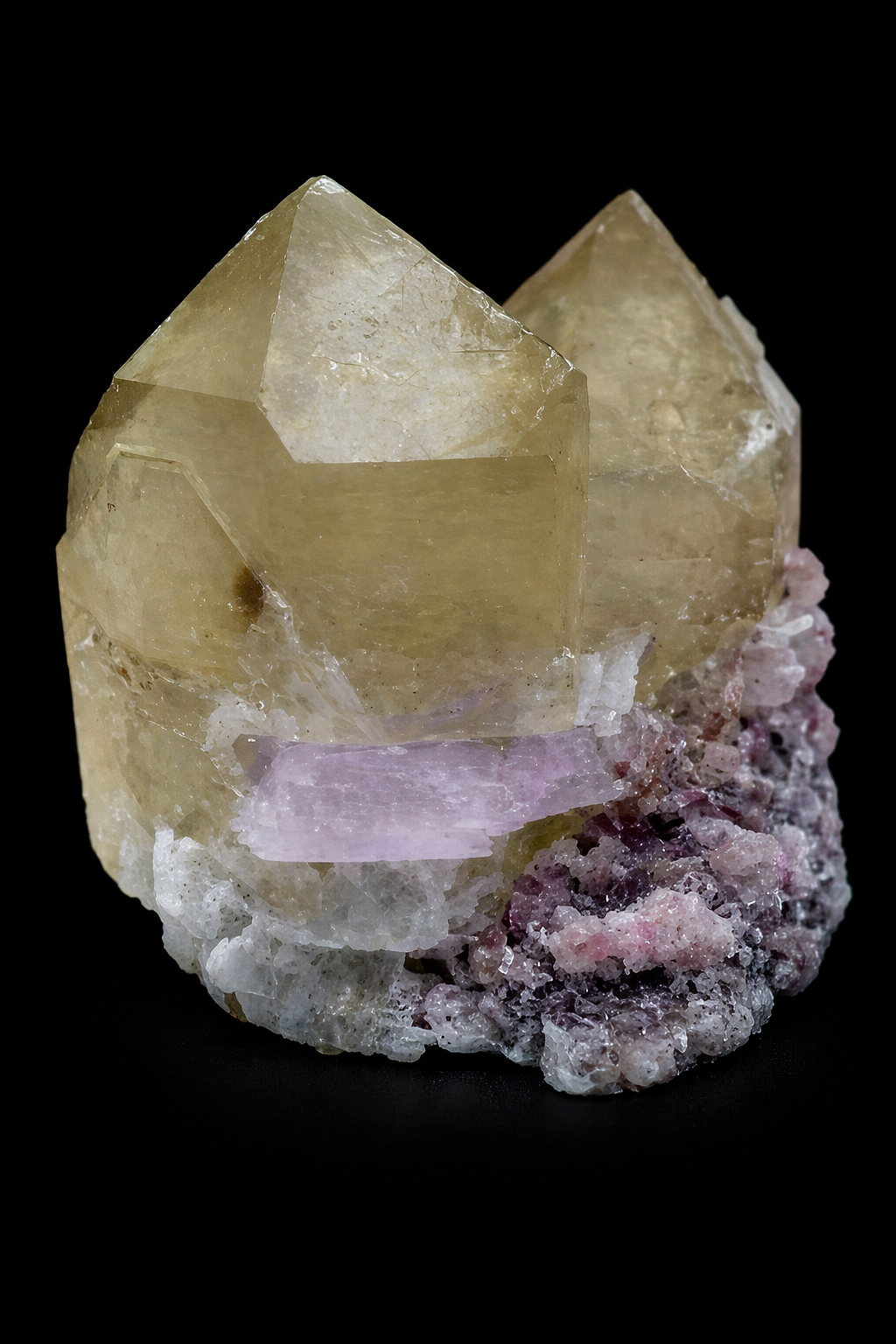 225 g Twin Smoky Quartz Point Crystal with Kunzite, Cleavelandite & Lepidolite