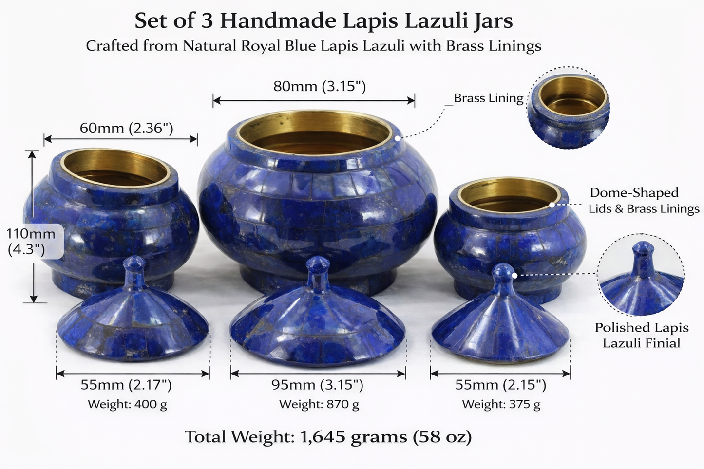 High Quality Lapis Lazuli Jewellery Boxes – 3 Pcs Set