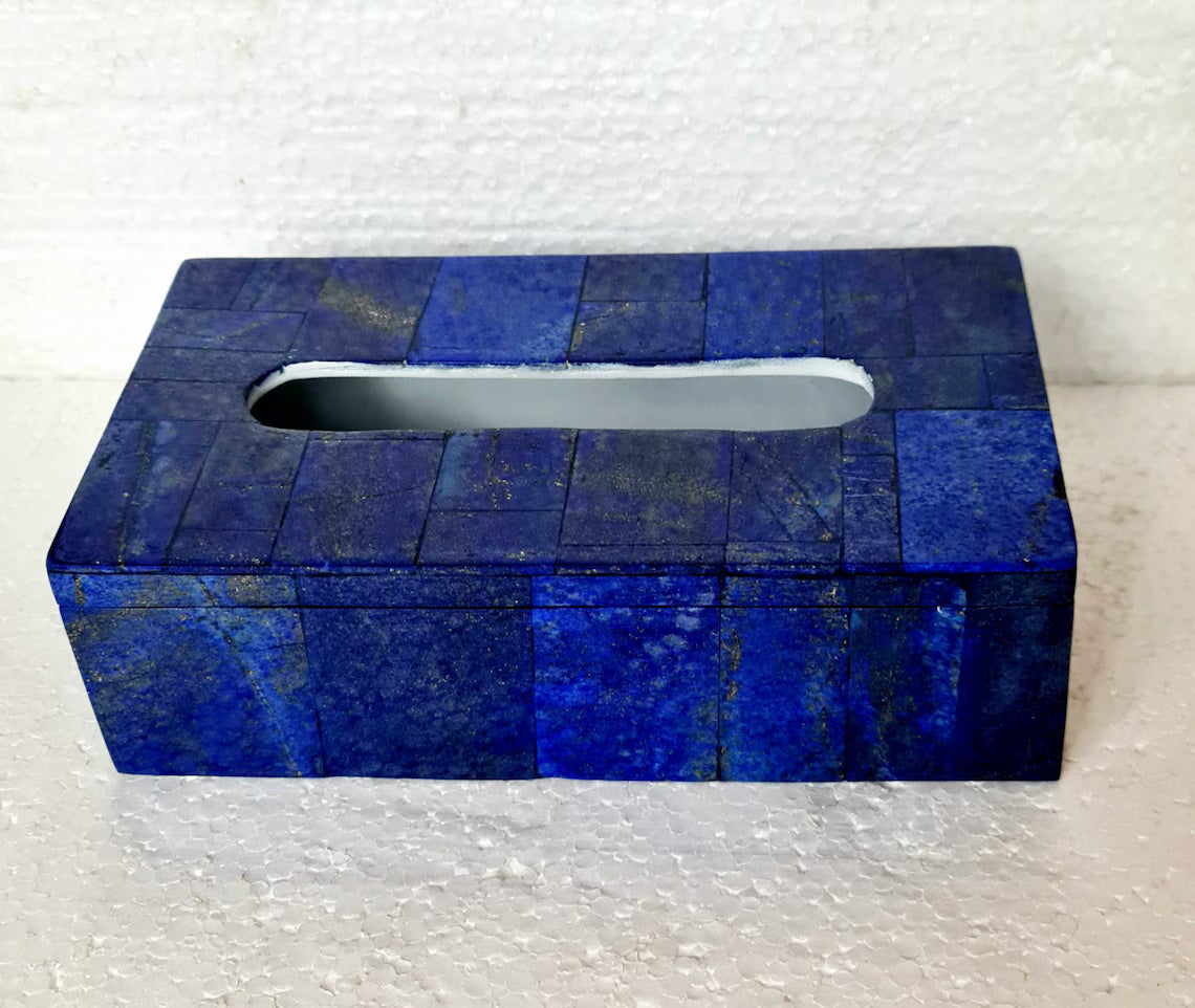 Handmade Royal Blue Lapis Lazuli Tissue Box, Home Decor from Afghanistan