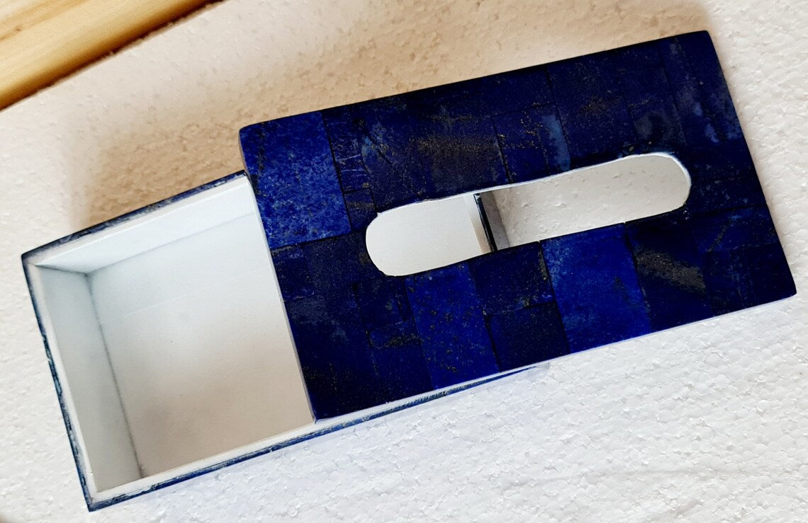 Handmade Royal Blue Lapis Lazuli Tissue Box, Home Decor from Afghanistan