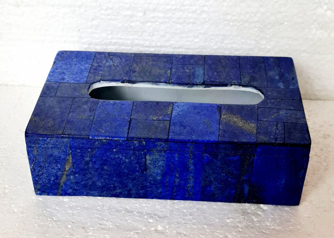 Handmade Royal Blue Lapis Lazuli Tissue Box, Home Decor from Afghanistan