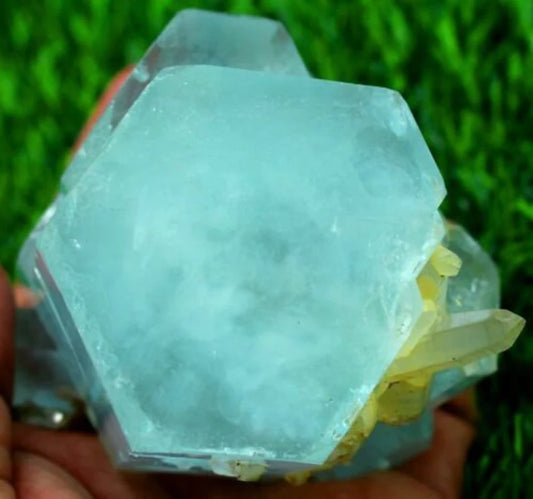 516 gm Terminated Natural Sky Blue Aquamarine Crystal Cluster with Smoky Quartz