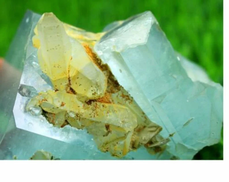 516 gm Terminated Natural Sky Blue Aquamarine Crystal Cluster with Smoky Quartz