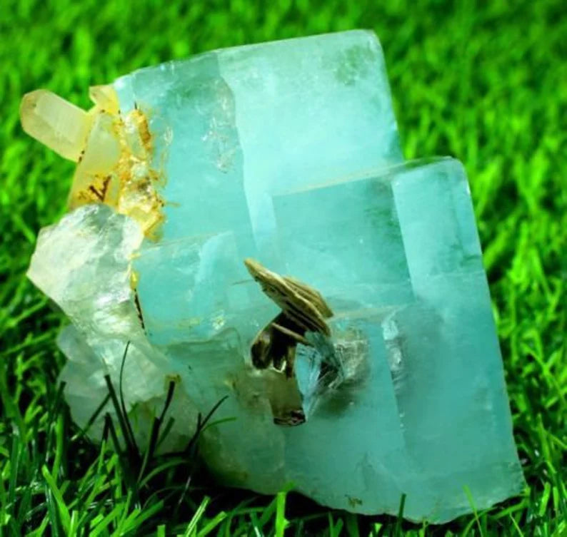516 gm Terminated Natural Sky Blue Aquamarine Crystal Cluster with Smoky Quartz