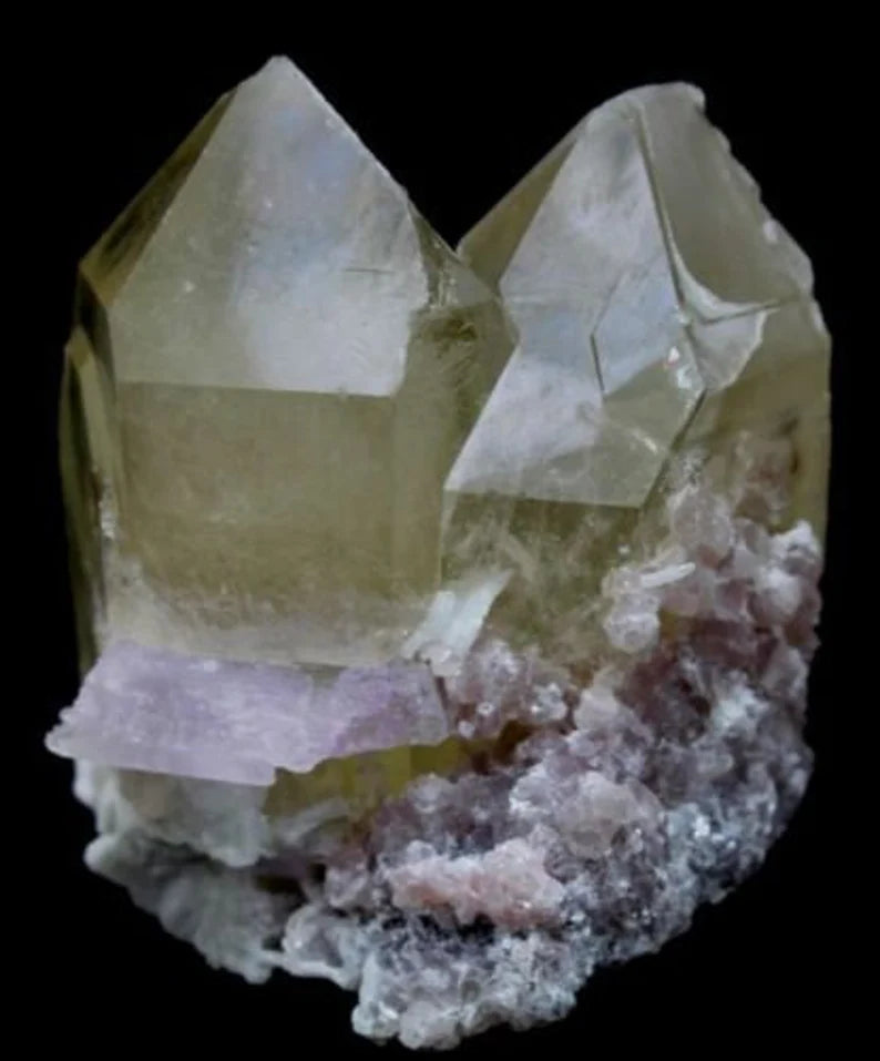225 g Twin Smoky Quartz Point Crystal with Kunzite, Cleavelandite & Lepidolite