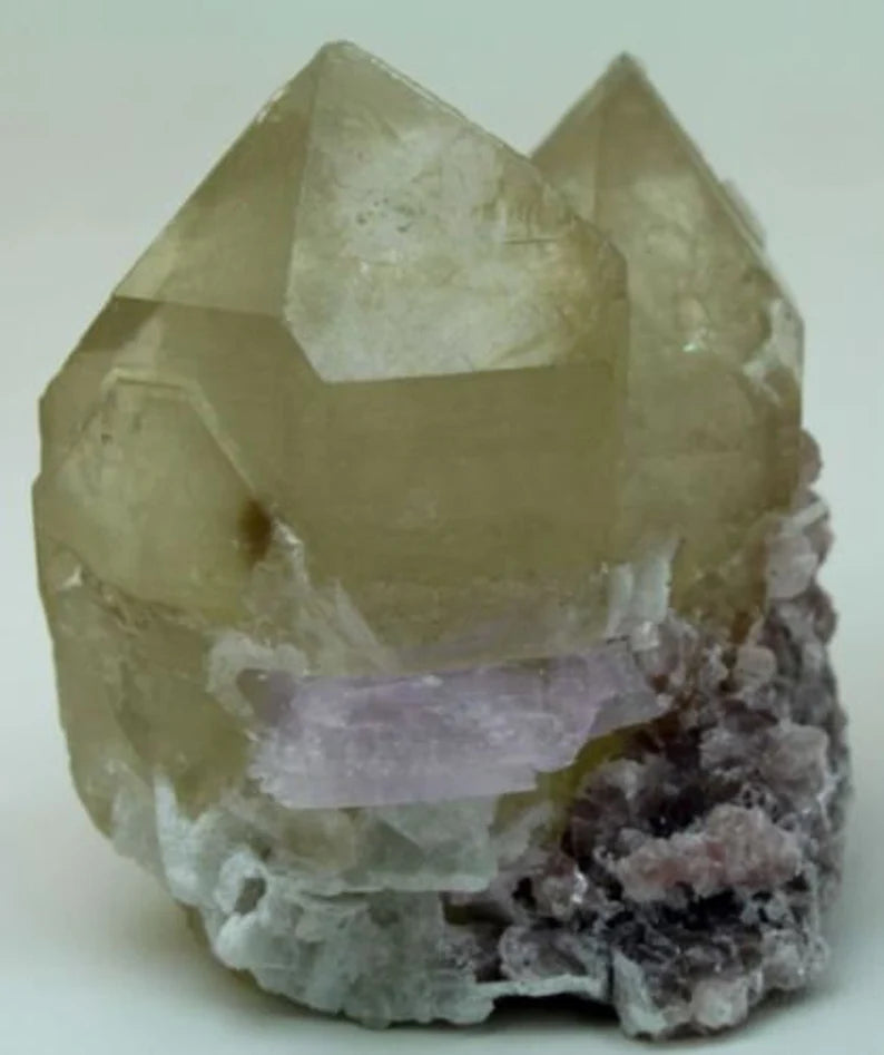 225 g Twin Smoky Quartz Point Crystal with Kunzite, Cleavelandite & Lepidolite