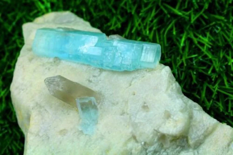 553 Gm Undamaged Natural DT Aquamarine Crystals with Smoky Quartz on Feldspar – Afghan Origin