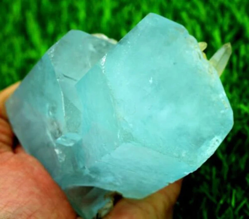 516 gm Terminated Natural Sky Blue Aquamarine Crystal Cluster with Smoky Quartz