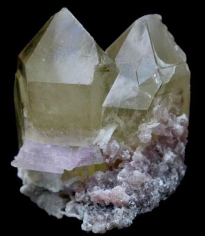 225 g Twin Smoky Quartz Point Crystal with Kunzite, Cleavelandite & Lepidolite