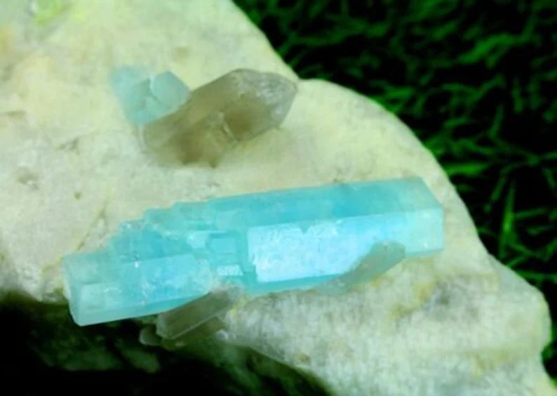553 Gm Undamaged Natural DT Aquamarine Crystals with Smoky Quartz on Feldspar – Afghan Origin