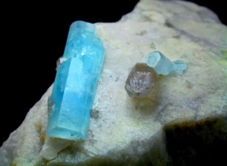 553 Gm Undamaged Natural DT Aquamarine Crystals with Smoky Quartz on Feldspar – Afghan Origin