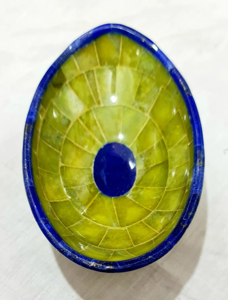 Handmade Royal Blue Lapis Lazuli & Jade Oval Bowl – Afghanistan