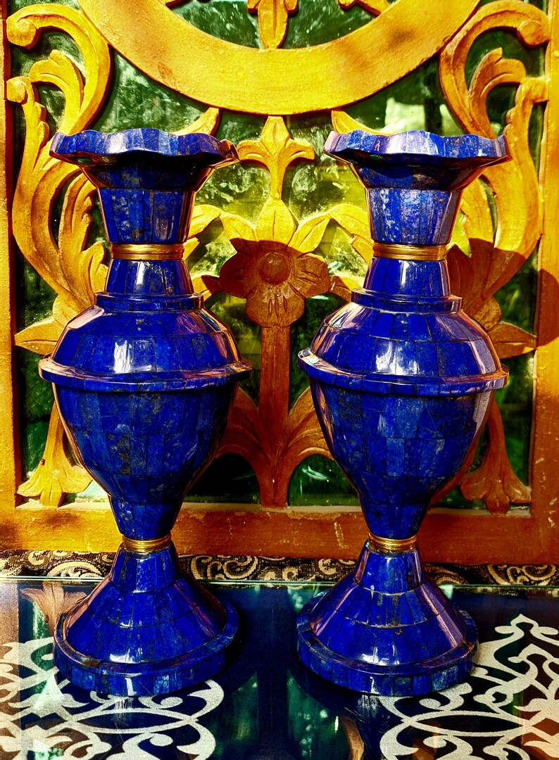 15.7 Inch XXL Handcrafted High-Quality Lapis Lazuli Pair Flower Vases – Afghanistan