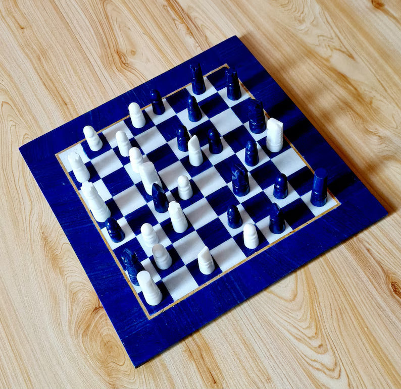 Handmade Royal Blue Lapis Lazuli & Marble Chess Board – Afghanistan