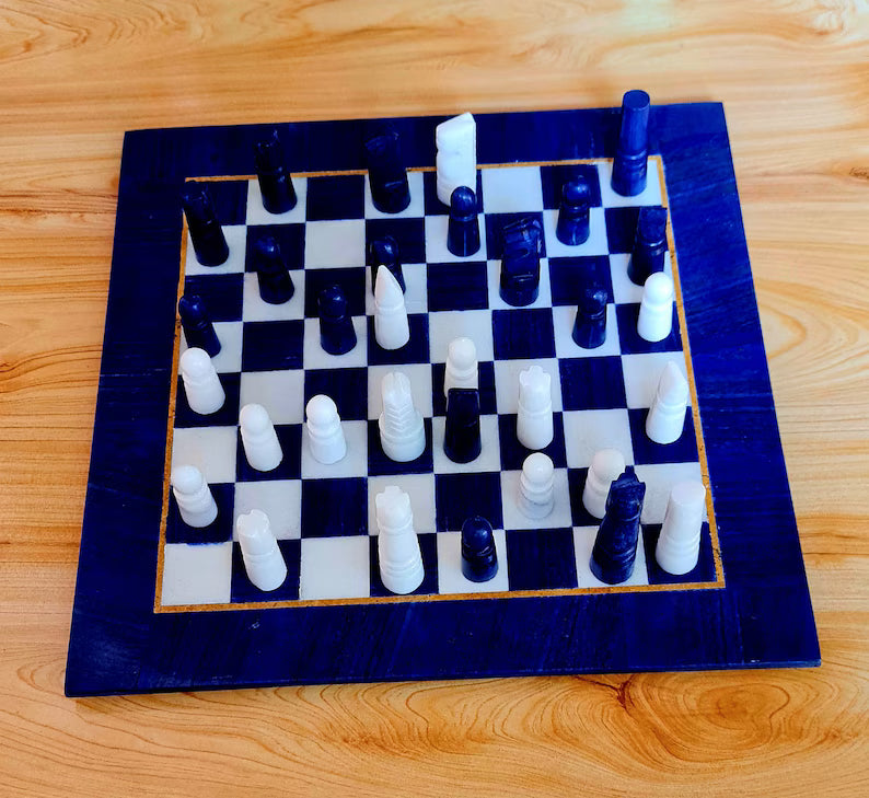 Handmade Royal Blue Lapis Lazuli & Marble Chess Board – Afghanistan