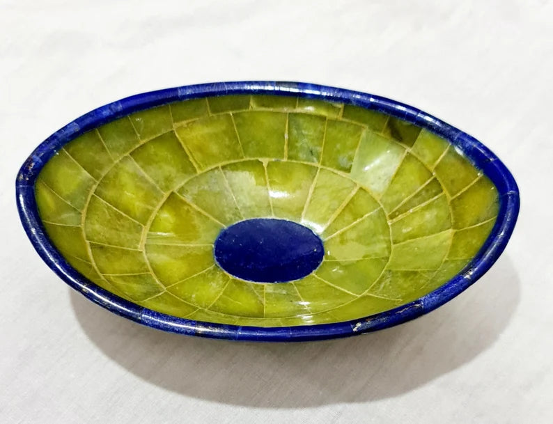 Handmade Royal Blue Lapis Lazuli & Jade Oval Bowl – Afghanistan