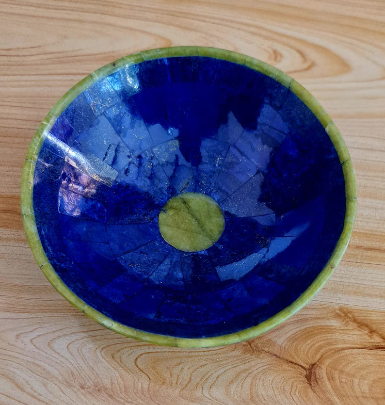 730 Gram Handmade Royal Blue Lapis Lazuli with Jade Bowl – Afghanistan (200 × 80 mm)