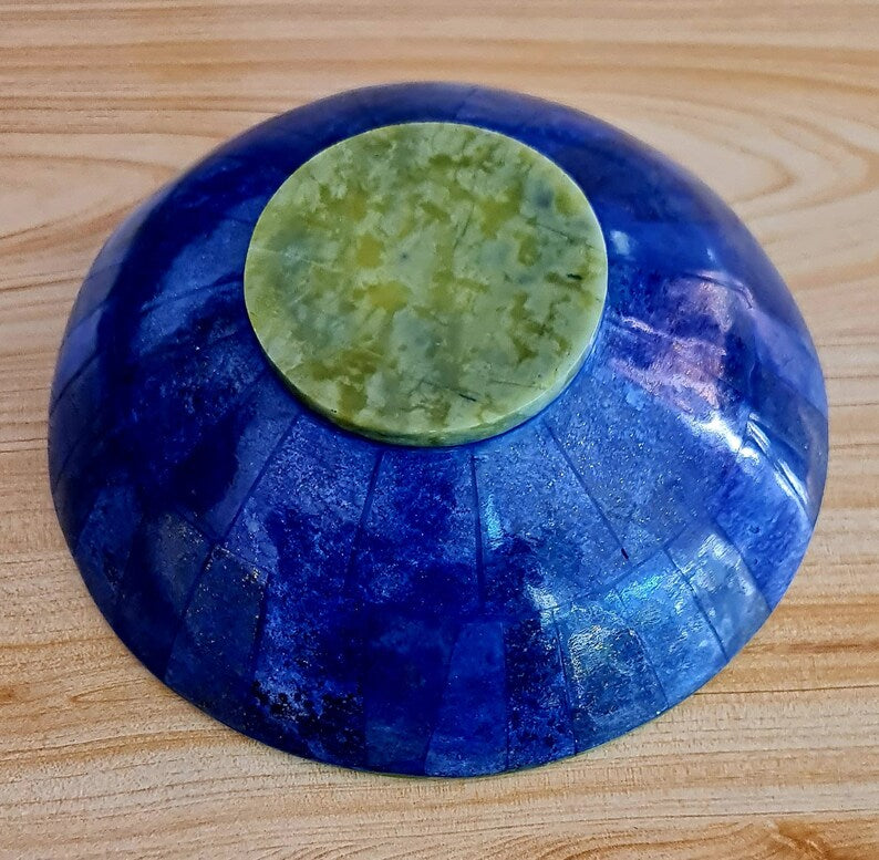 730 Gram Handmade Royal Blue Lapis Lazuli with Jade Bowl – Afghanistan (200 × 80 mm)