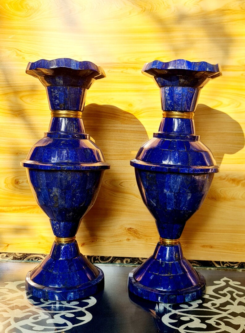 15.7 Inch XXL Handcrafted High-Quality Lapis Lazuli Pair Flower Vases – Afghanistan