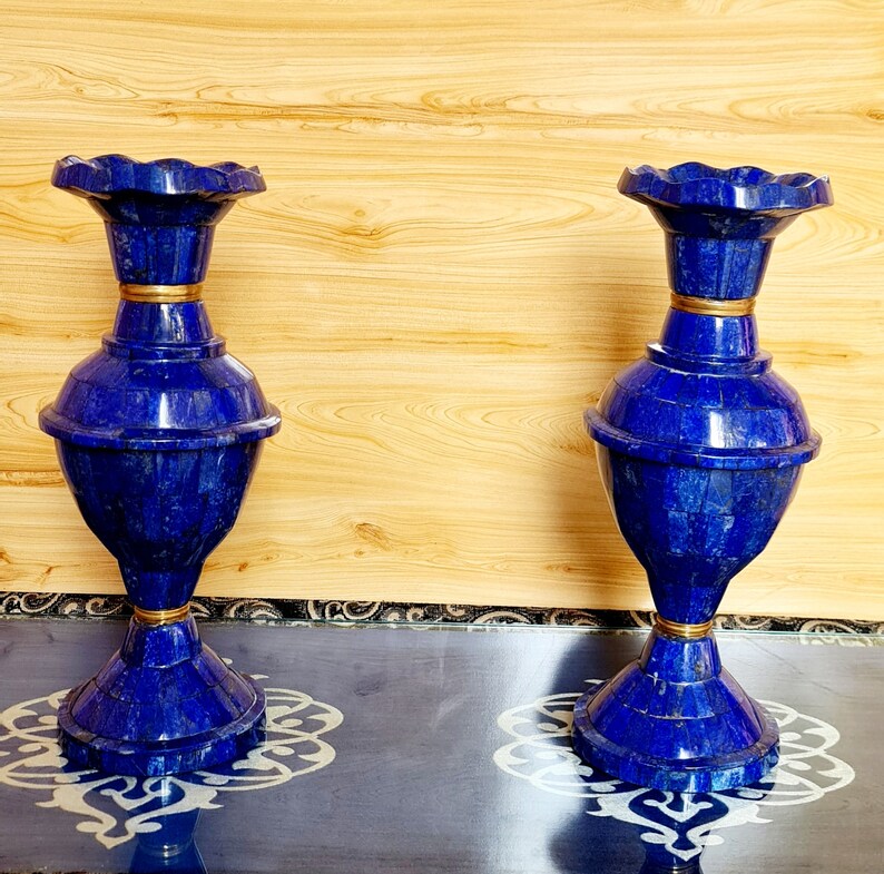 15.7 Inch XXL Handcrafted High-Quality Lapis Lazuli Pair Flower Vases – Afghanistan