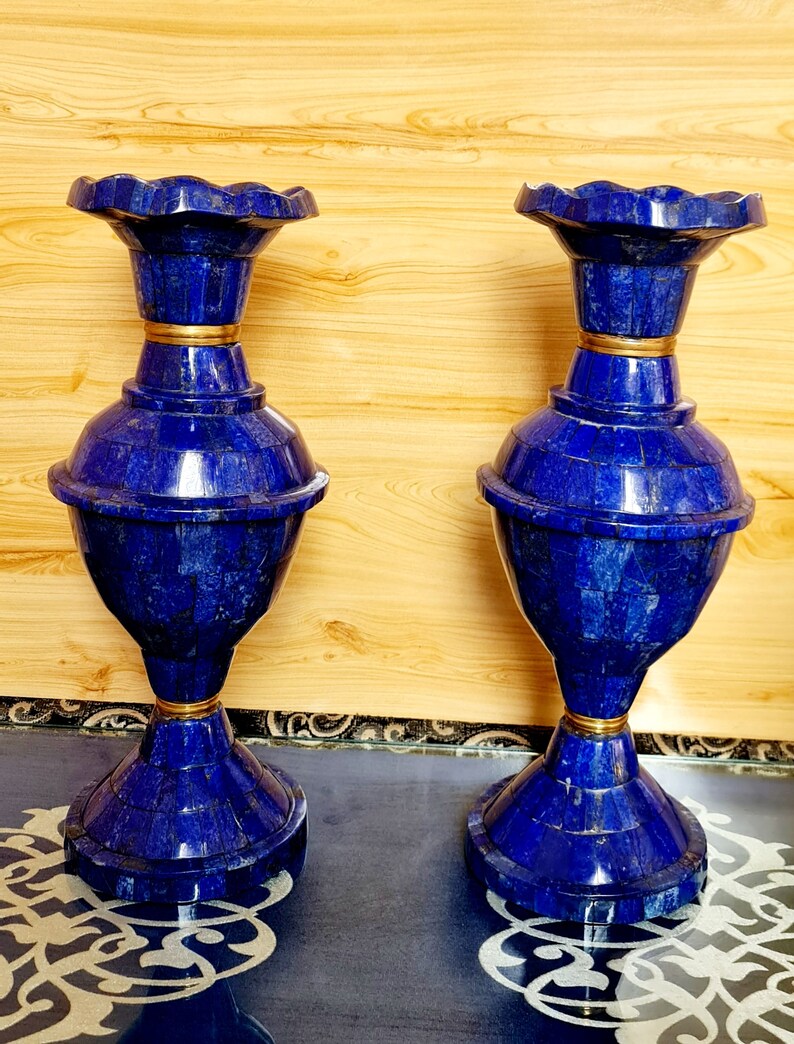 15.7 Inch XXL Handcrafted High-Quality Lapis Lazuli Pair Flower Vases – Afghanistan