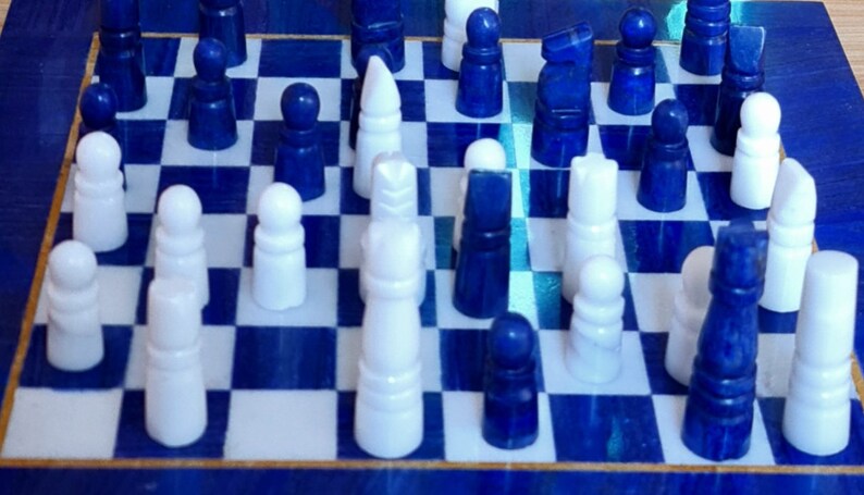 Handmade Royal Blue Lapis Lazuli & Marble Chess Board – Afghanistan