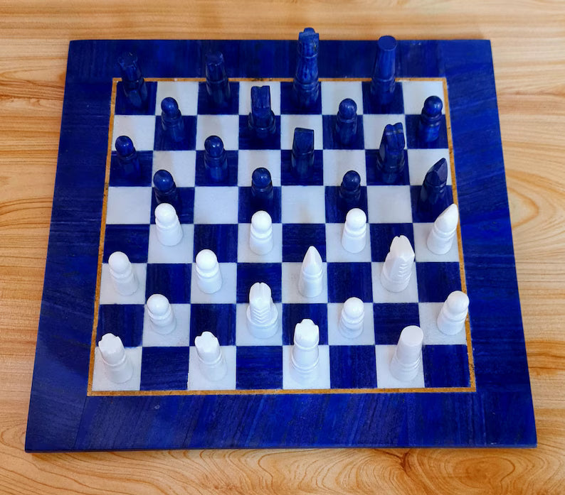 Handmade Royal Blue Lapis Lazuli & Marble Chess Board – Afghanistan