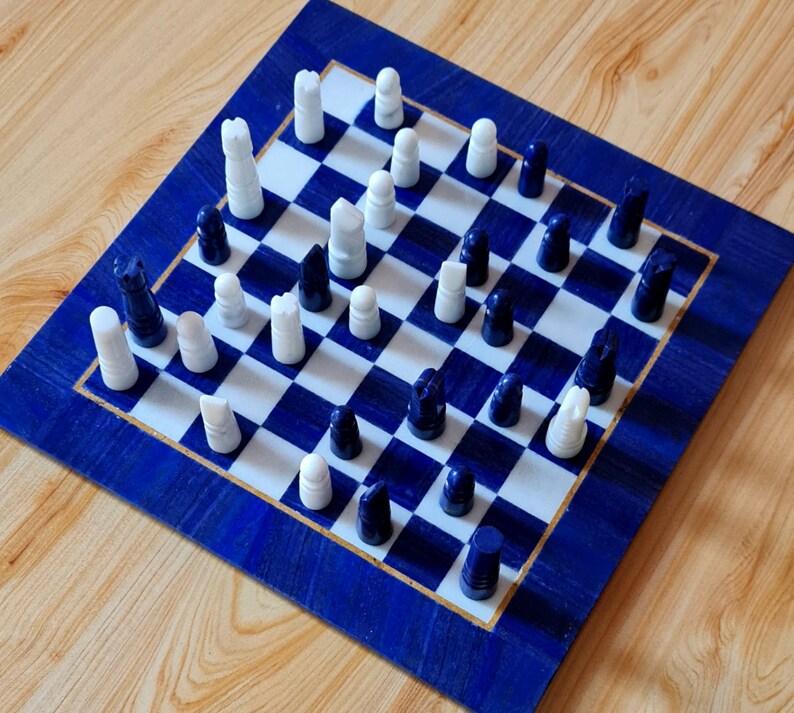 Handmade Royal Blue Lapis Lazuli & Marble Chess Board – Afghanistan